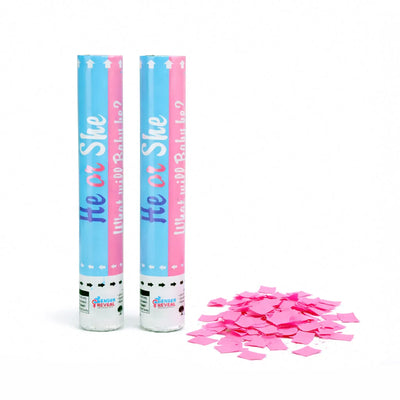 Pink He or She Gender Reveal Confetti Cannons with Pink Paper Confetti