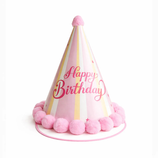 Pink Pastel Stripe Happy Birthday Party Hat with Pink Pom Pom Trim