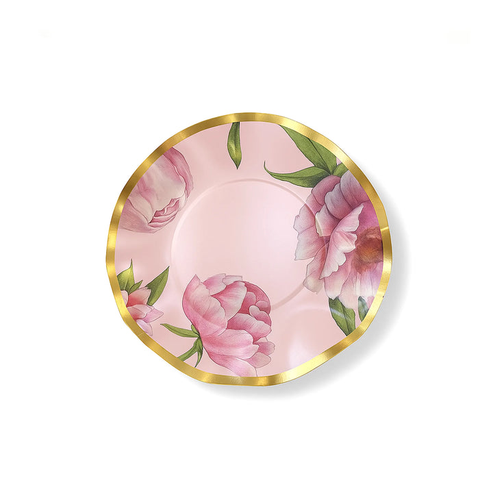 Pink Peony Floral Dessert Plate with Gold Rim, 8-inch