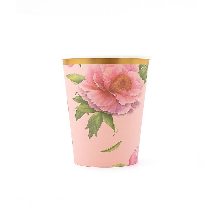 Pink Peony Floral Paper Cup with Gold Rim, 9oz