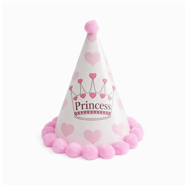 Pink Princess Crown Party Hat with Heart Design and Pink Pom Pom Trim