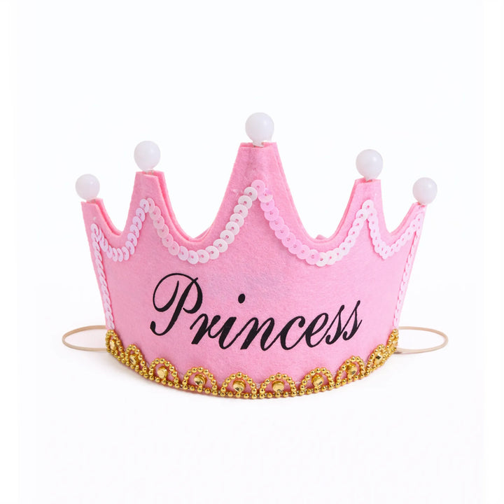 Pink Princess Felt Birthday Crown Party Hat with Gold Trim