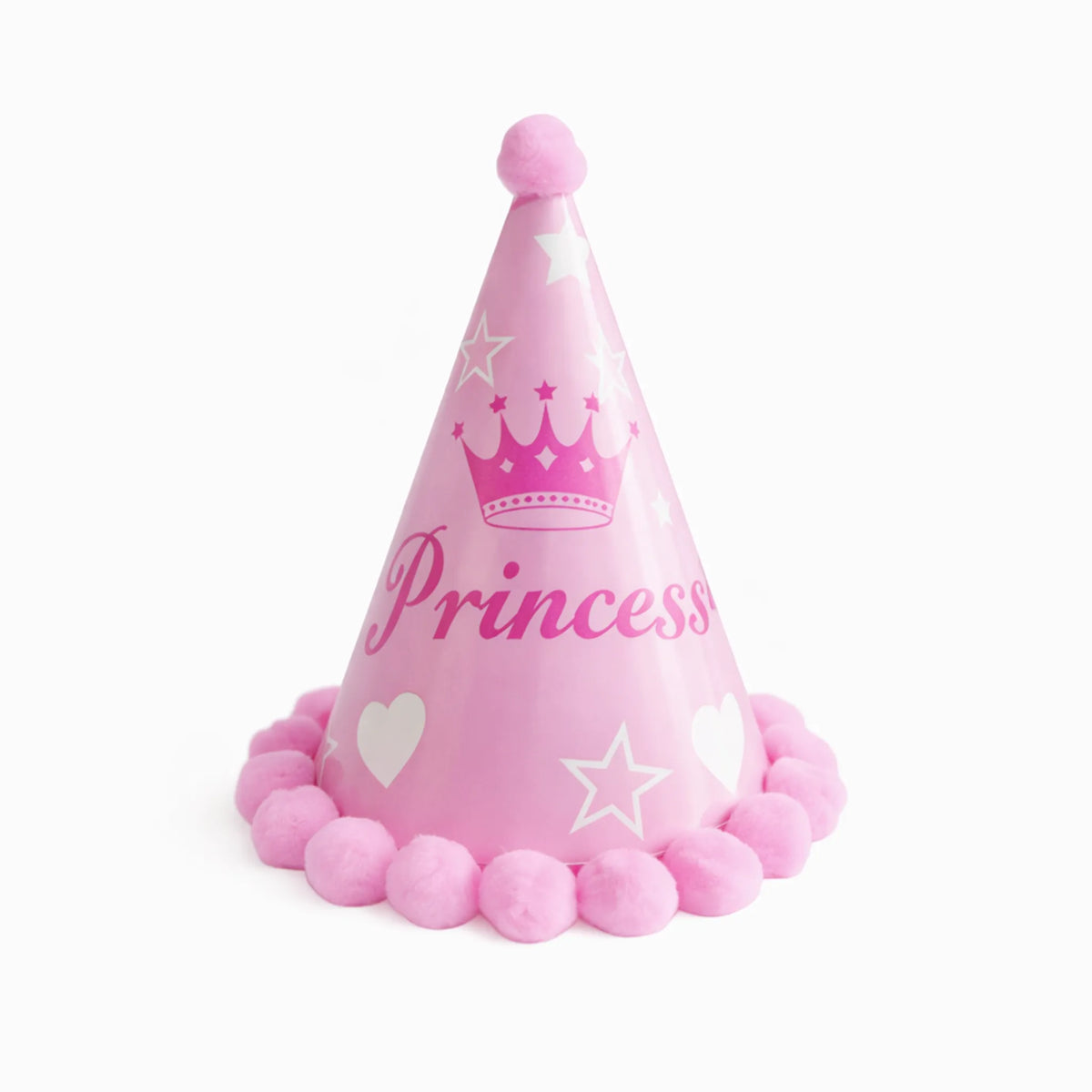 Pink Princess Party Hat with Crown Graphic and Pom Pom Trim
