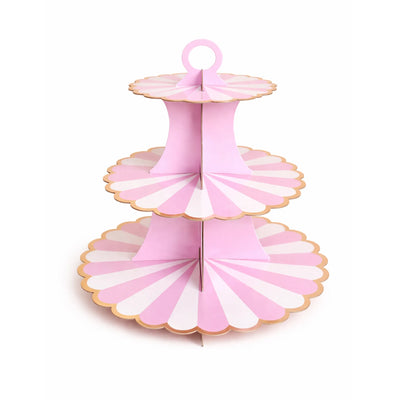 Pink Striped 3 Tier Cupcake Stand with Gold Trim for Girls Birthday and Dessert Tables