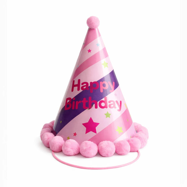 Pink Stripe Happy Birthday Party Hat with Colorful Star Design and Pom Pom Trim