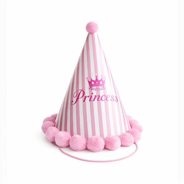 Pink Striped Princess Party Hat with Pom Pom Trim and Crown Design