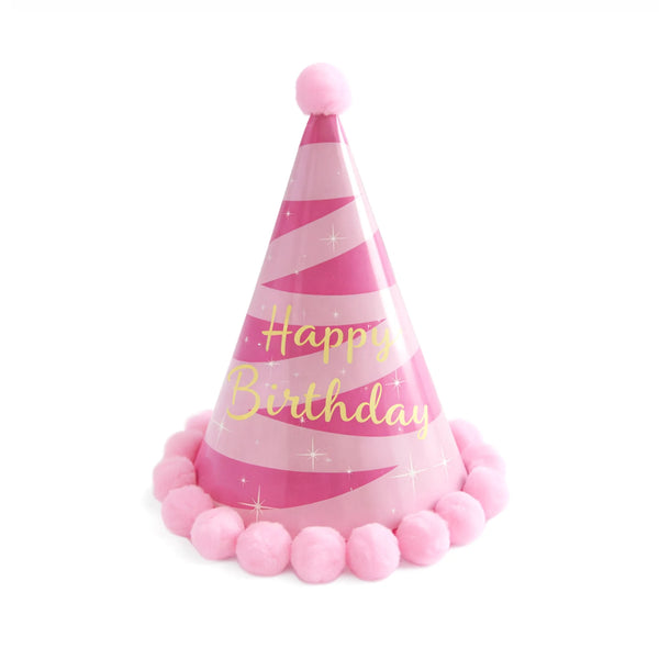 Pink Striped Happy Birthday Party Hat with Pink Pom Pom Trim