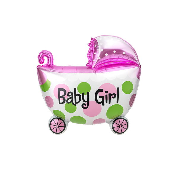Polka Dot Baby Carriage Foil Balloon in Pink & Green, 25-inch