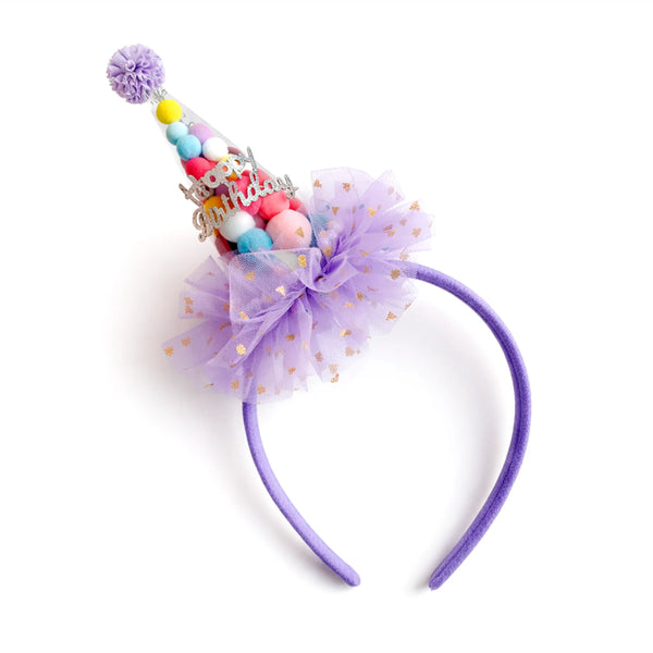 Purple Birthday Headband with Mini Party Hat and Decorative Tulle Bow