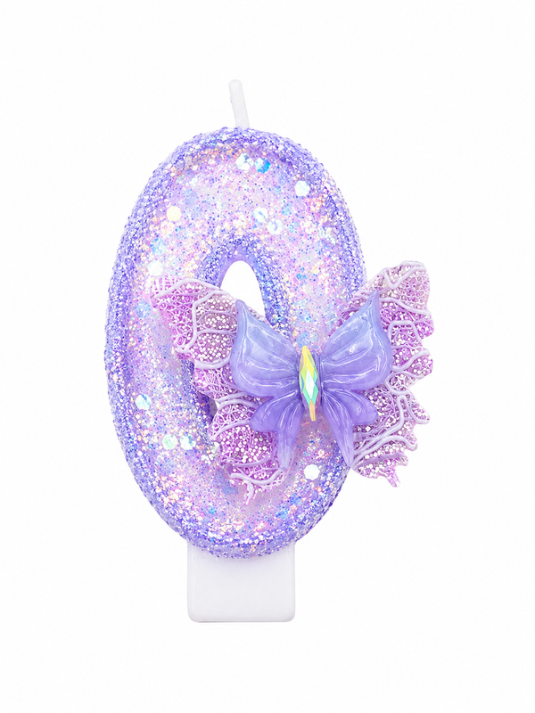 Purple Glitter Number 0 Butterfly Birthday Candle