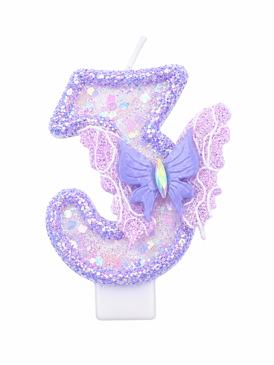 Purple Glitter Number 3 Butterfly Birthday Candle