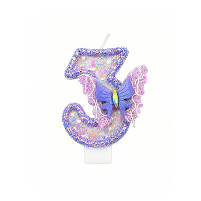 Purple Glitter Number 3 Butterfly Birthday Candle