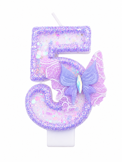 Purple Glitter Number 5 Butterfly Birthday Candle