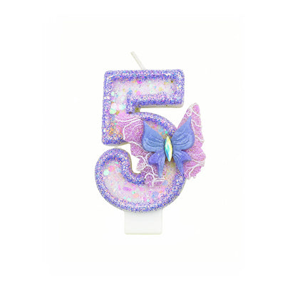 Purple Glitter Number 5 Butterfly Birthday Candle