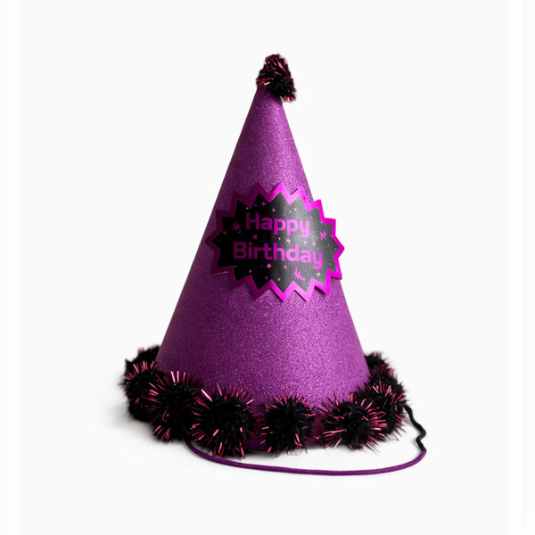 Purple Glitter Happy Birthday Party Hat with Black Pom Pom Trim
