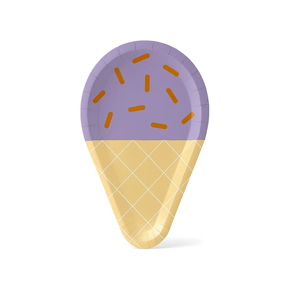 Purple ice cream scoop paper plate shaped like a cone with orange sprinkles, 9-inch size, for sweet treats.