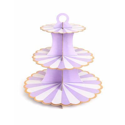 Purple Striped 3 Tier Cupcake Stand with Gold Trim for Cupcakes, Favors, and Party Sweets