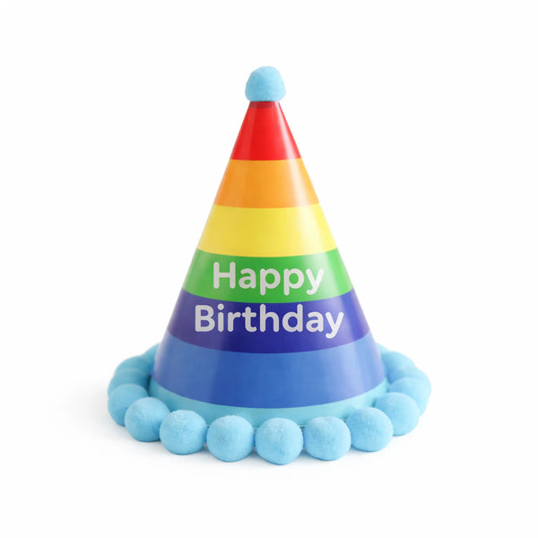 Happy Birthday Cone Party Hat with Blue Pom Pom Trim