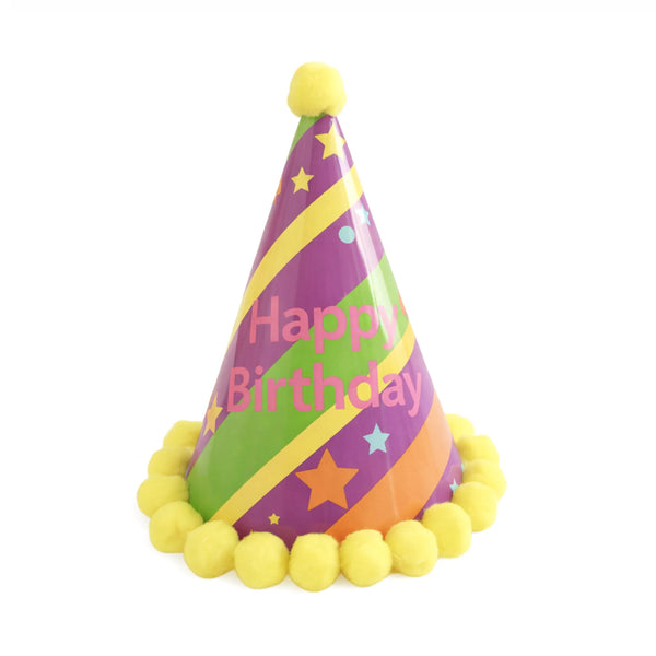 Colorful Happy Birthday Party Hat with Yellow Pom Pom and Star Design