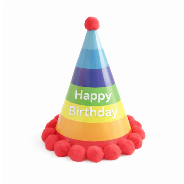 Rainbow Stripe Happy Birthday Party Hat with Red Pom Pom Trim