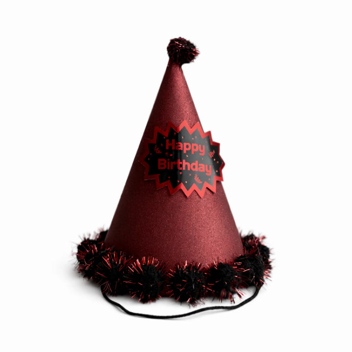 Red Glitter Happy Birthday Party Hat with Black Metallic Pom Pom Trim