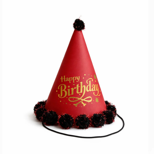 Red Happy Birthday Party Hat with Gold Foil Lettering and Black Pom Pom Trim