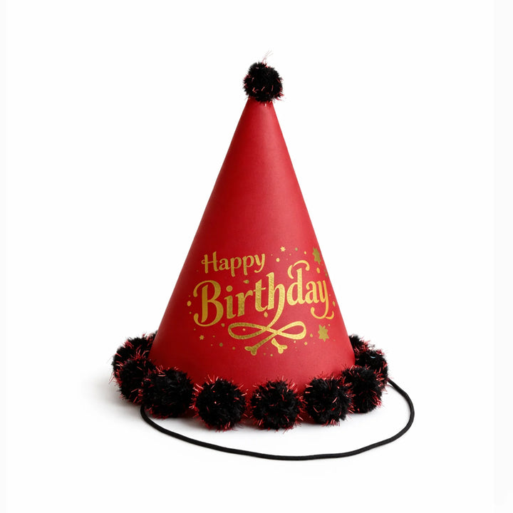 Red Happy Birthday Party Hat with Gold Foil Lettering and Black Pom Pom Trim