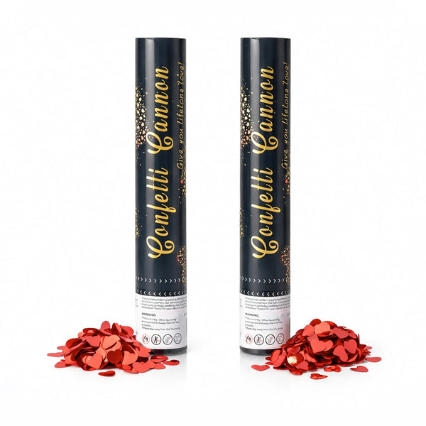 Red Heart Confetti Cannon Party Popper with Metallic Red Heart Confetti