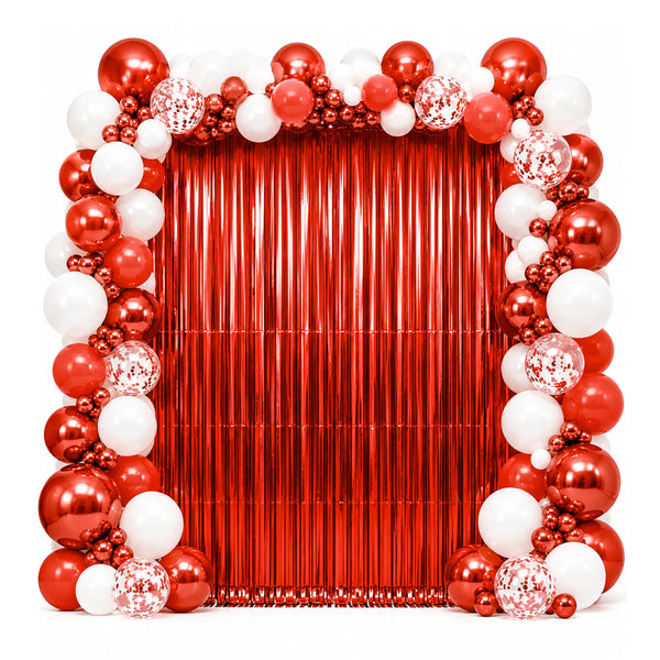 Red Metallic Foil Fringe Curtain Backdrop for Valentine’s Day and Party Decorations