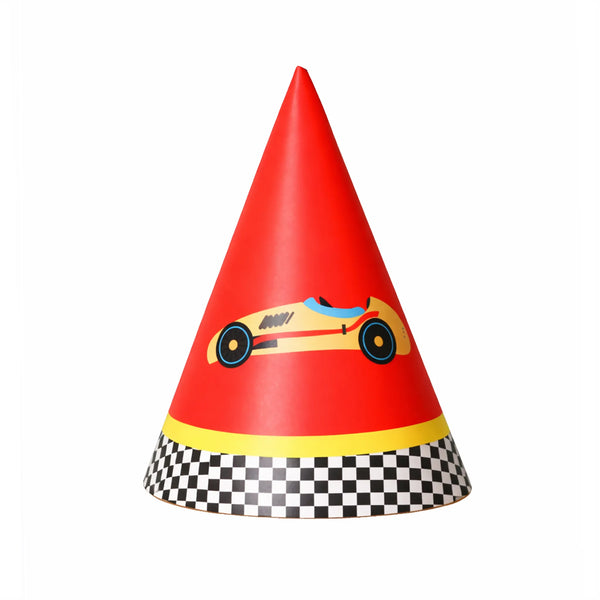 Red Race Car Cone Birthday Hat with Racing Car Design
