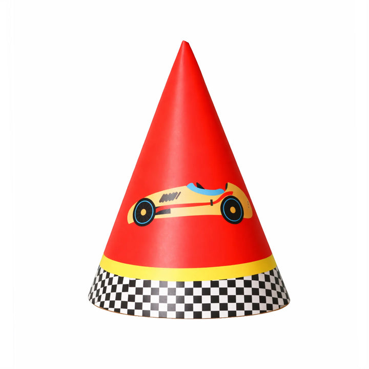 Red Race Car Cone Birthday Hat with Racing Car Design