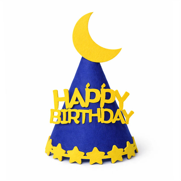 Royal Blue Felt Happy Birthday Party Hat with Moon Topper and Yellow Star Trim