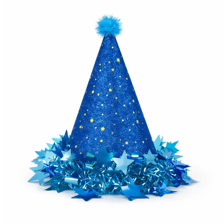 Royal Blue Glitter Birthday Party Hat with Star Print and Metallic Star Garland