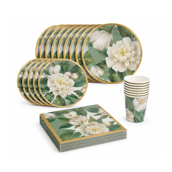 Sage Floral Paper Plates Party Set for 8 – Large Plates, Small Plates, 8oz Cups and Napkins