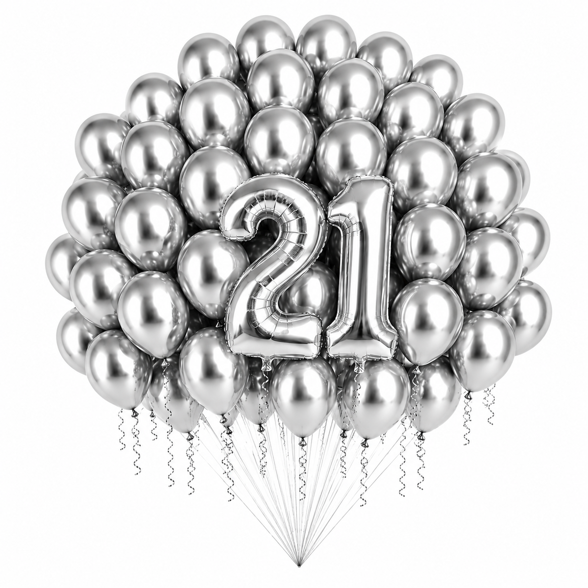 Silver 21st Birthday Balloon Bouquet with 50 Latex Balloons