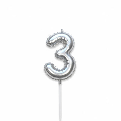Silver balloon number 3 birthday candle for cake decoration