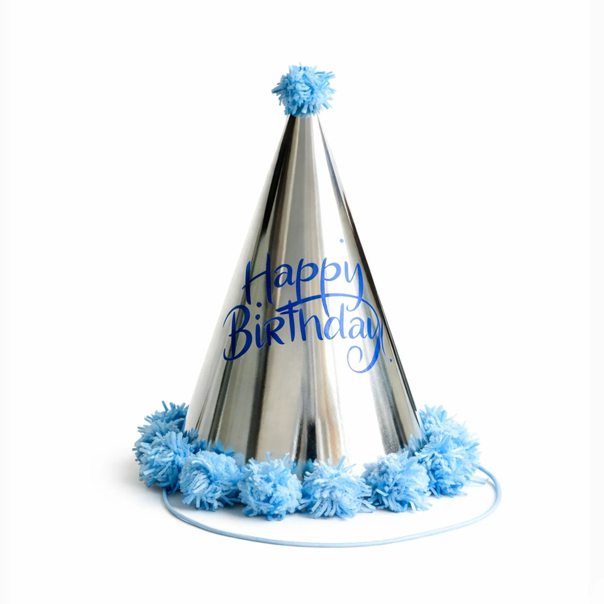 Silver Metallic Happy Birthday Party Hat with Blue Lettering and Blue Pom Pom Trim