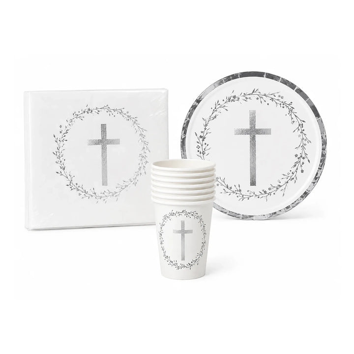 Silver Cross Baptism Tableware Set for 8 with 6.7-inch plates, 8oz cups, and napkins