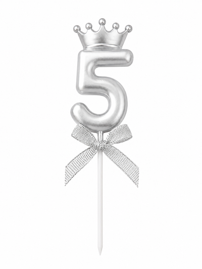 Silver Crown Number Birthday Candle 5 – Birthday Cake Candle with Bow