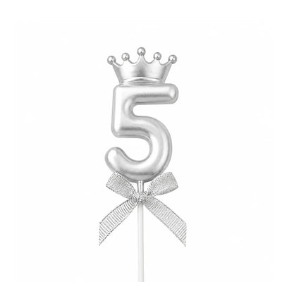 Silver Crown Number Birthday Candle 5 – Birthday Cake Candle with Bow