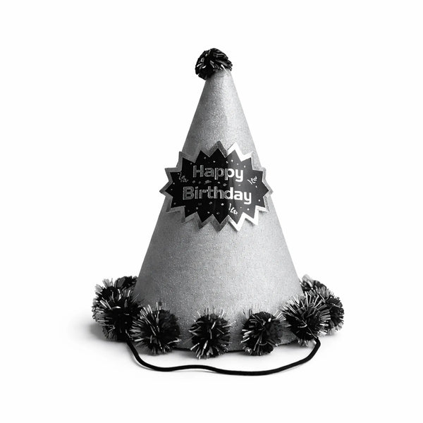 Silver Glitter Happy Birthday Party Hat with Black Pom Pom Trim