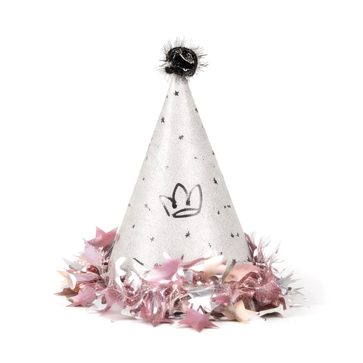 Silver Glitter Birthday Party Hat with Black Pom Pom and Pink Metallic Star Trim