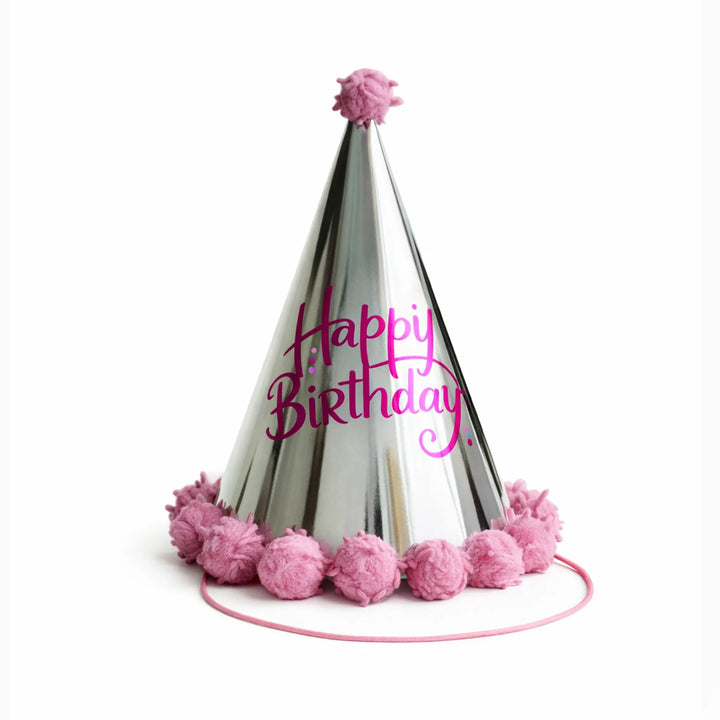 Silver Metallic Happy Birthday Party Hat with Pink Pom Pom Trim