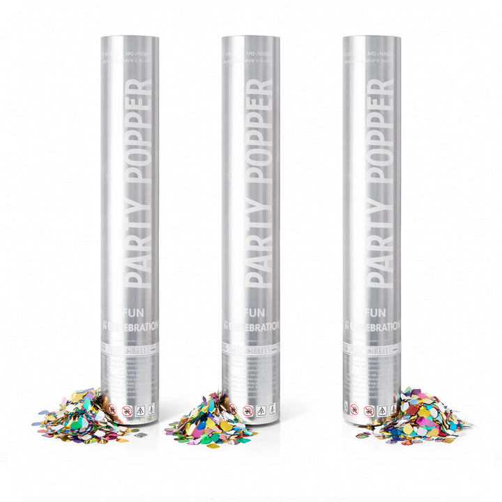Silver Metallic Party Popper Confetti Cannon with Multi-Color Foil Confetti