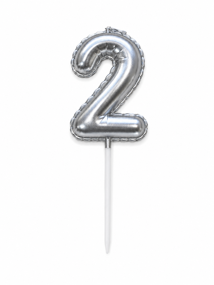 Silver Number 2 Birthday Candle, Balloon-Style Cake Candle