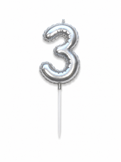 Silver Number 3 Birthday Candle, Balloon-Style Cake Candle