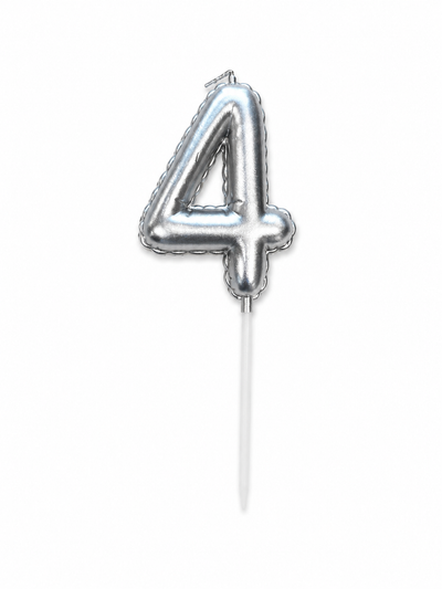 Silver Number 4 Birthday Candle, Balloon-Style Cake Candle