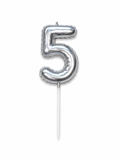 Silver Number 5 Birthday Candle, Balloon-Style Cake Candle