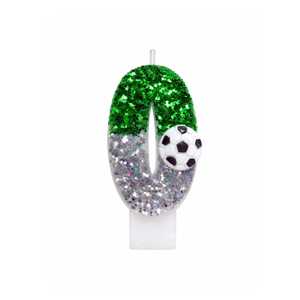 Green Glitter Soccer Number 0 Birthday Candle with Soccer Ball