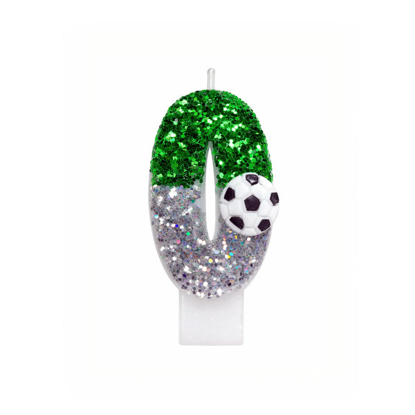 Green Glitter Soccer Number 0 Birthday Candle with Soccer Ball